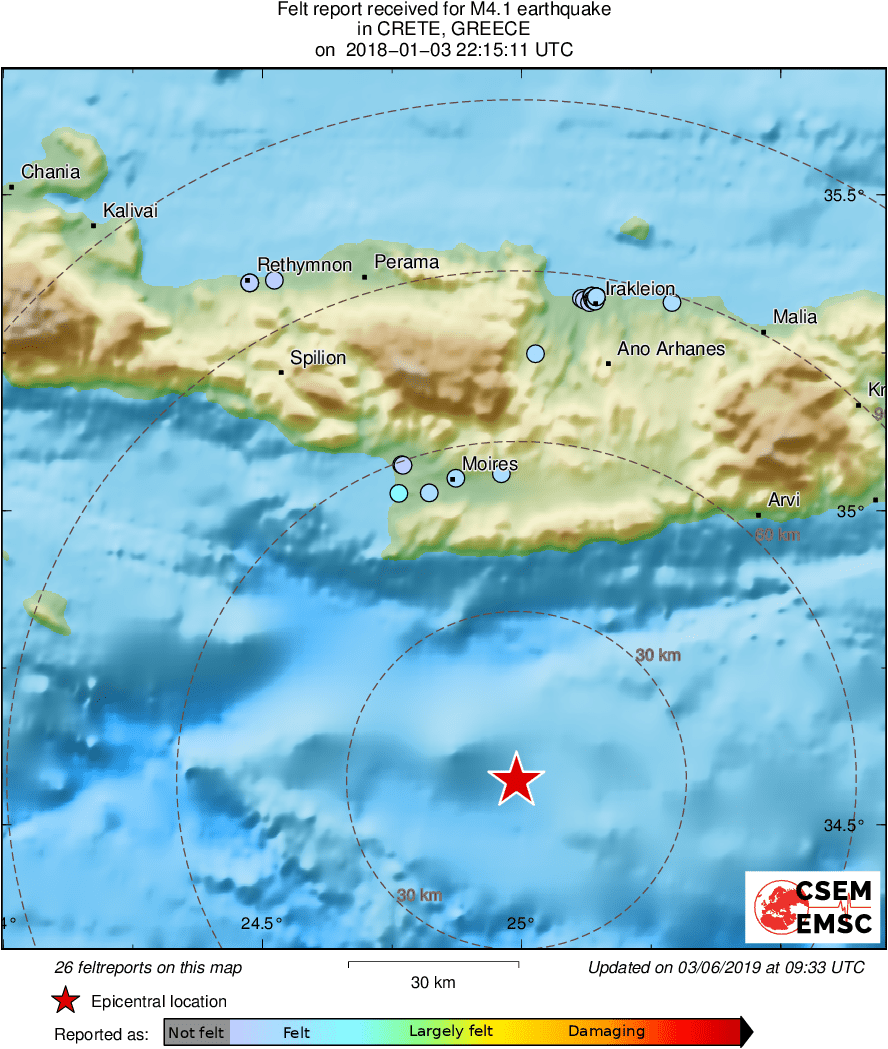 Earthquake - Magnitude 4.1 - CRETE, GREECE - 2018 January 03, 22:15:11 UTC